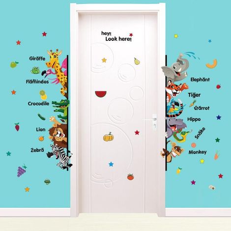 Décoration murale autocollante en anglais avec animaux de dessin animé, papier peint pour chambre (1/4)