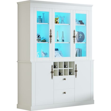 Vitrine LED blanche avec 2 tiroirs, 4 portes, 8 casiers à vin, étagères réglables et rangement en verre, 130 x 37,5 x 170,5 cm, pour salon et salle à manger - CHICFURN (1/5)