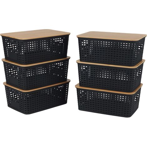 Relaxdays storage box, 6pc set, lid, plastic & bamboo, handles, HWD: 10.5x25.5x18cm, organiser, black