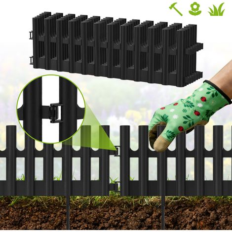 Wolketon Beeteinfassung 2,6m – 6er Set 43x13cm Beetumrandung aus flexiblem Kunststoff – Rasenkante Palisade Zierzaun – schwarz inkl. 12 Erdankern (20cm)