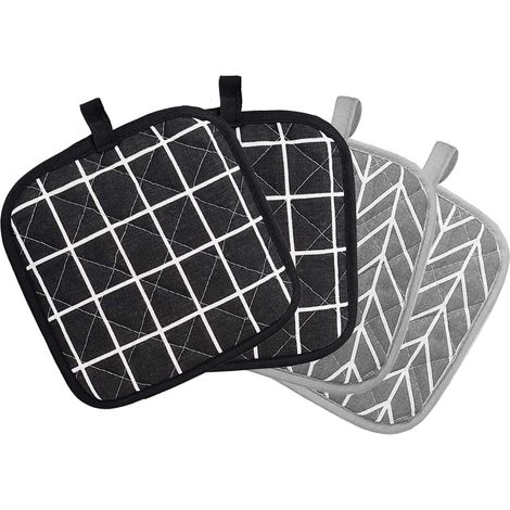 4 manoplas de horno de algodón reciclado de 18x18 cm – acolchadas – gris/negro – para horno/cocina (1/4)