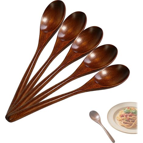 Wooden Spoon Set of 5 Nanmu Wooden Soup Spoons Japanese Style Long Handle Soup Spoons Ideal for Eating, Mixing, Stirring when Cooking, with Storage Box (1/5)