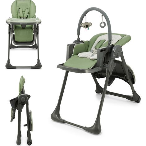 Chaise Haute 2 en 1, pour Bébé Ergonomique, Confortable, Inclinable, Pliable, avec Hauteur Réglable, Repose-Pieds, Plateau Amovible, pour Tout-Petit, avec jouets, Vert (1/5)