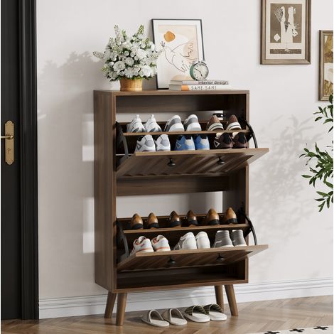 Meuble à chaussures avec 2 compartiments basculants et niche ouverte, noyer, 60x24x95 cm (1/5)