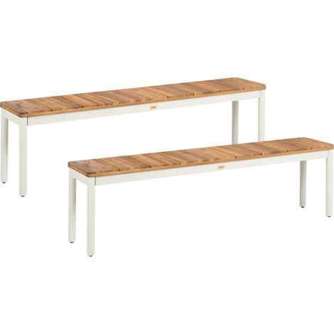 Conjunto de 2 bancos de jardín modernos de madera de acacia con listones y estructura de metal marrón Giovinazzo (1/5)