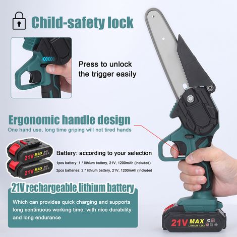 Scie d'élagage électrique portable 21 V 15 cm (6 pouces) rechargeable, petite tronçonneuse pour fendre le bois, outil de travail du bois à une main pour jardin et verger. Coupe-branches (1/2)