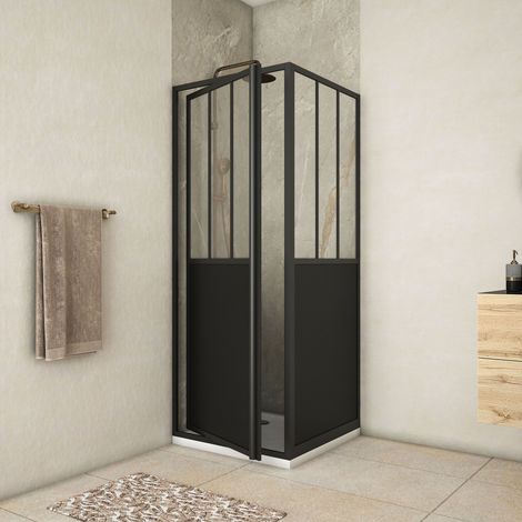 Pack Mampara de Ducha Abatible y una Mampara Fija 'Tipo Atelier' - Negro mate - 80x80x200 cm (1/5)