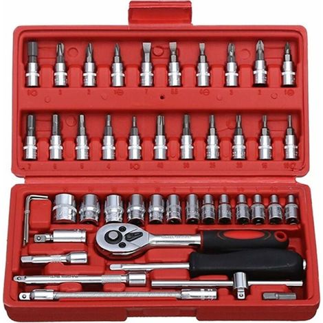 Juego de 46 piezas de llaves de carraca reversibles para reparaciones de automóviles y bricolaje, métricas (naranja) (1/5)
