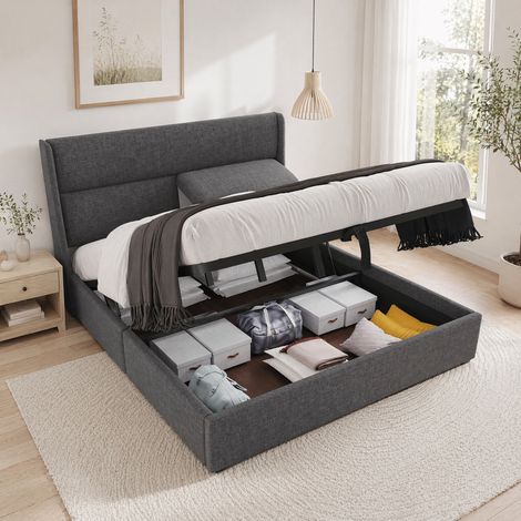 Lit adulte coffre 160x200 cm en lin gris  avec LED 360°, rangements et ports USB-C – couchage (1/5)