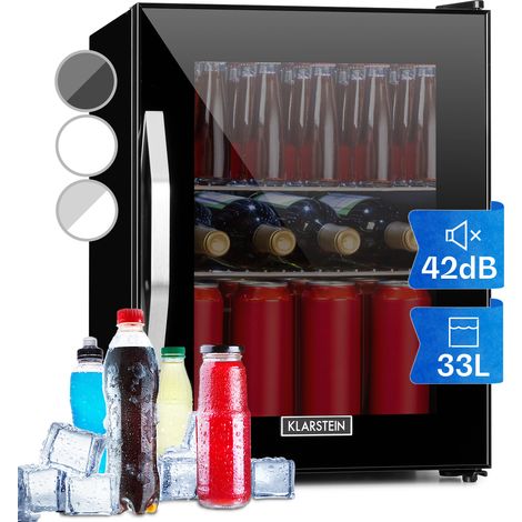 Klarstein Beer Fridge, Glass Mini Fridge for Bedrooms, Food, & Drinks, Small Fridge Wine Cooler, Glass Door Drinks Fridge, 33L Table Top Fridge w/ Removable Shelves, Indoor/Outdoor Home Bar Storage (1/5)