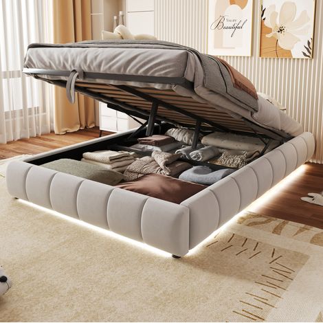 Cama matrimonio con almacenaje y LED 140x200 cm Beige OKMYHOME (1/5)