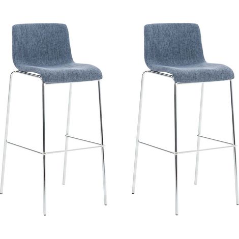 Set di 2 sgabelli da bar con poggiapiedi posteriore curvo in tessuto blu e 4 gambe in metallo cromato 100004191