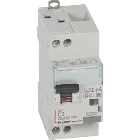 Disjoncteur différentiel monobloc DX³6000 10kA arrivée haute et départ bas à vis U+N 230V - 6A - typeF 30mA - LEGRAND
