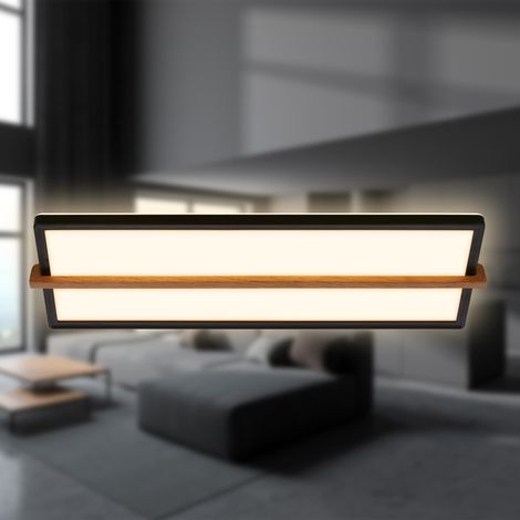 Plafonnier LED avec bois, lumière indirecte, blanc chaud 3.000K, lampe LED, plafonnier LED, lampe de salon, panneau LED, lampe de cuisine, plafonnier, 60,5x20x4,5 cm, noir (1/5)