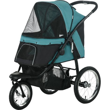 Poussette pour chien et chat 20 kg roues tout-terrain caoutchouc coussin fenêtres filet panier de rangement vert foncé