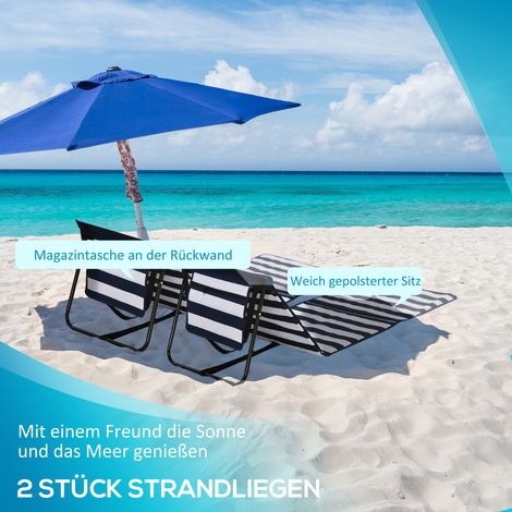 Transat de plage inclinable avec dossier ajustable, poche de côté, coussin confortable, armature en métal, bleu et blanc, 142 x 51 x 40 cm (1/4)