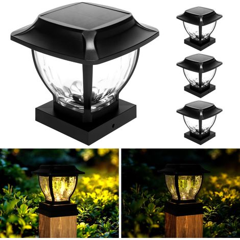 Lampe Solaire Chapeau de Poteau, Lot de 4 Capuchon de Poteau Solaire, 2 Modes Lampe LED Lampadaire Solaire Extérieur pour Poteau de clôture Patio (Blanc Chaud) (1/5)