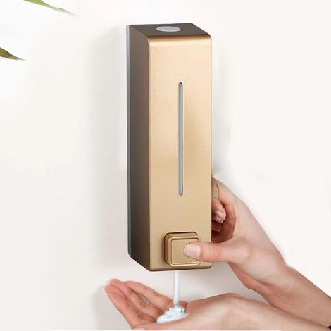 Distributeur de savon mural doré de 600 ml pour gel douche et lotion pour les mains, idéal pour salles de bains, cuisines, restaurants et sanitaires commerciaux. (1/5)