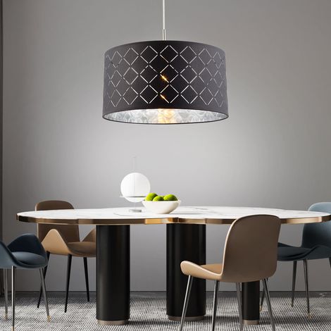 Etc-Shop – Suspension moderne textile gris/argent – Abat-jour rond 40cm – Douille E27 pour ampoule 60W – Hauteur 140cm – Design élégant pour salon