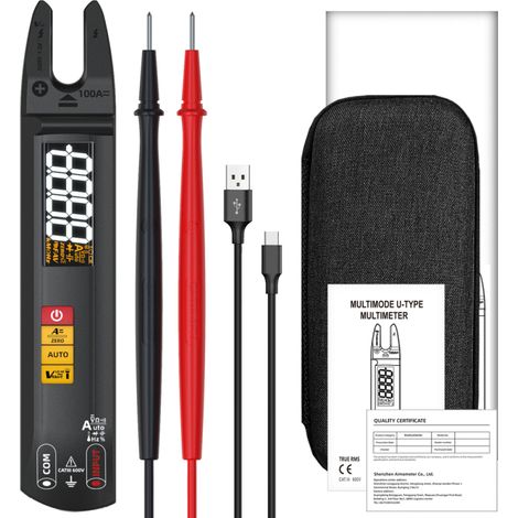 3-in-1 Multimeter mit Stromzange, Farb-LCD-Bildschirm, 6000 Counts RMS, misst Spannung, Kapazität, Widerstand, Frequenz und Tastverhältnis.