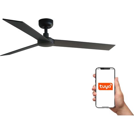 Faro Rudder Grand ventilateur de plafond à 3 pales, noir mat, noyer, système intelligent Tuya (1/3)