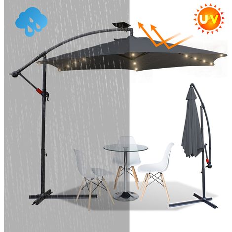 Parasol avec LED 350 cm avec protection UV 30+ Manivelle Pliable Alu Rond Balcon Terrasse Parasol à manivelle Marché Gris (1/5)