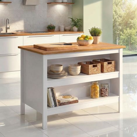 Ilot de cuisine - Ilot central - Plan de travail - Meuble de cuisine avec étagères - Mélaminé - Longueur 124cm - Hauteur 82 cm - Profondeur 75 cm - Blanc/Chêne Artisan (1/5)