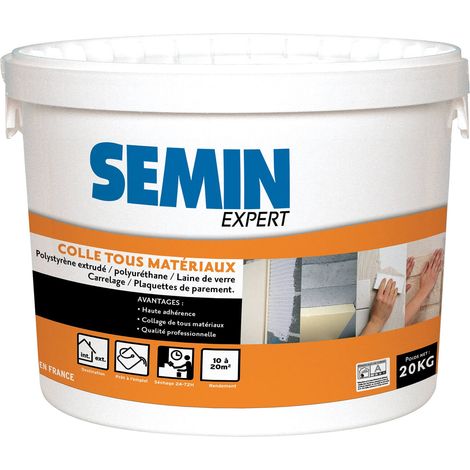 Semin – Colle multi-usage pour tous matériaux – Prêt à l'emploi intérieur/extérieur – Seau de 20 kg – Collage polystyrène, liège, carrelage