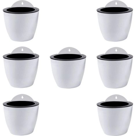 Macetas colgantes con autorriego, juego de 7, decoración de pared, macetas para interior/exterior, plástico blanco, tamaño mediano, 13 cm (1/5)