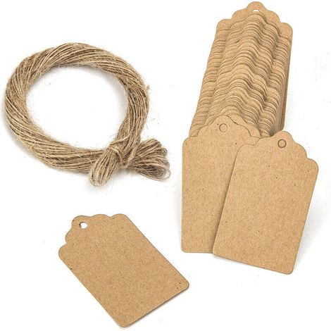 Lot de 100 étiquettes cadeaux festonnées en papier kraft, marron, 5 x 3 cm, avec ficelle (1/5)