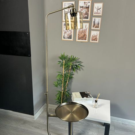 Lampadaire Yorin Verre, Moderne, Lampadaire pour Salon, Chambre à Coucher, Chambre d'enfant avec Douille E27, Largeur 37 cm, Abat-jour Réglable, Lampadaire avec Tablette et Variateur (1/4)