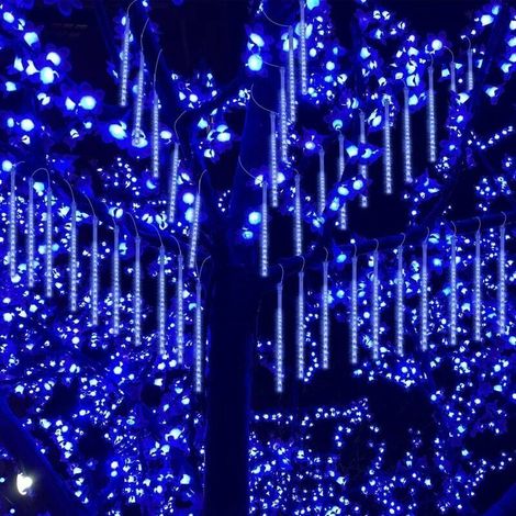 Guirlande lumineuse effet pluie de météores, guirlande lumineuse LED étanche, 30 cm, 8 tubes, 192 perles LED, convient pour les mariages, les fêtes, Noël, la maison, les arbres, les jardins, bleu (1/5)
