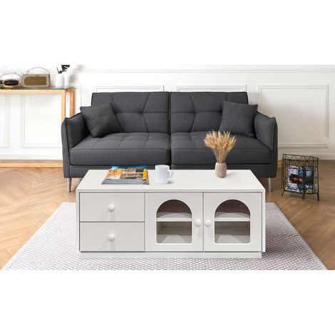Table basse 60x100cm avec portes et tiroirs style naturel chic Volos Blanc texturé