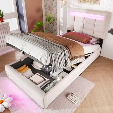 Letto contenitore imbottito in lino beige 90x200 cm con LED RGB, presa USB e rete inclusa