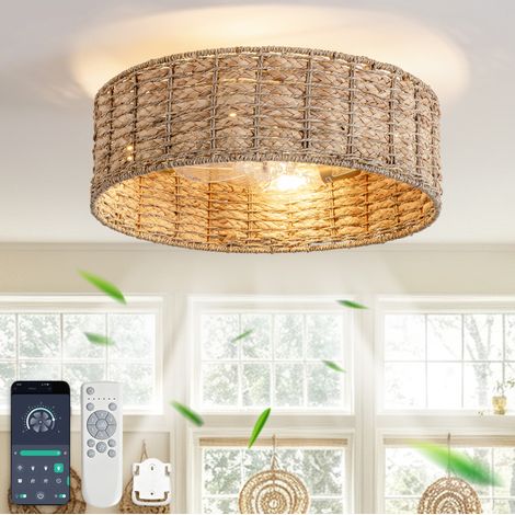 Deckenventilator mit Licht 50x50x20 cm aus Natur-Rattan, Doppelsteuerung – MEUBLIV (1/5)