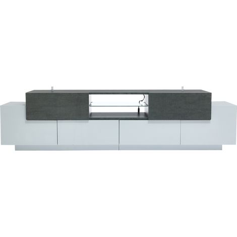 Meuble TV 180x40x45 cm – Étagères en verre, rangements fermés + tiroirs – Jusqu’à 80 pouces – Blanc + effet marbre gris (1/5)