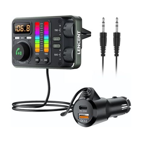 Applicable Bluetooth Voiture 5,3 Transmetteur FM, Hi-FI Treble & Bass Lecteur, PD20W QC18W Chargeur Rapide, Radio Voiture Adaptateur avec 2 micros pour appels Mains Libres, Siri&Google, U Disk 3,5mm A