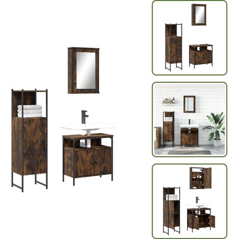 The Living Store 3-tlg. Badmöbel-Set Räuchereiche Holzwerkstoff - Spiegelschrank (1/5)