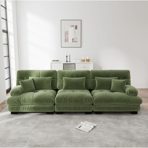 Divano angolare modulare 313x77x81 cm in ciniglia verde, seduta profonda - MEUBLIV (1/5)