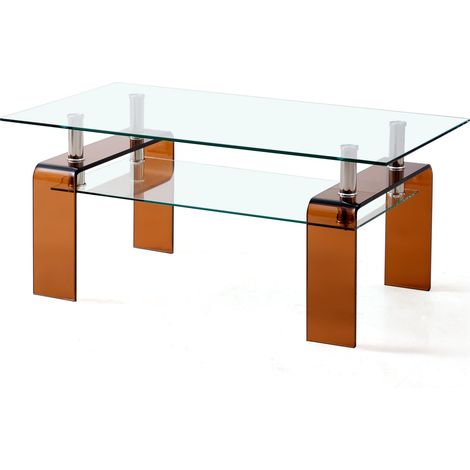 Table basse en verre trempé transparent, table de salon avec pied en verre brun (1/5)