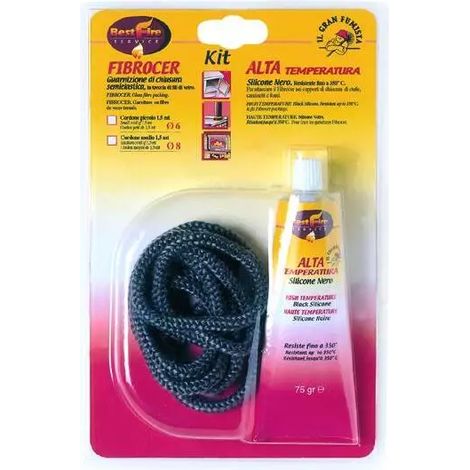 guarnizione in fibra di vetro best fire "kit fibrovet" con corda 1,6 mt, diametro 8 mm e tubetto silicone nero da 75 gr