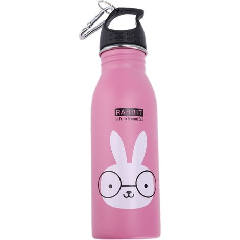 K601 Niedliche Cartoon-Wasserflasche, isolierte Vakuum-Sport-Wasserflasche aus Edelstahl für Kinder, rosa Kaninchen (1/5)