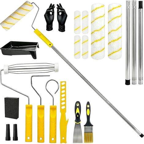 18 Pièces Rouleau Kit, Set De Rouleaux De Peinture, Kit Peinture Mur, Rouleaux Et Plateaux De Peinture, Gants, Brosse, Pelle, Set De Rouleaux De Peinture Avec Rallonge Pour Peindre Et Rénover Les Murs (1/4)
