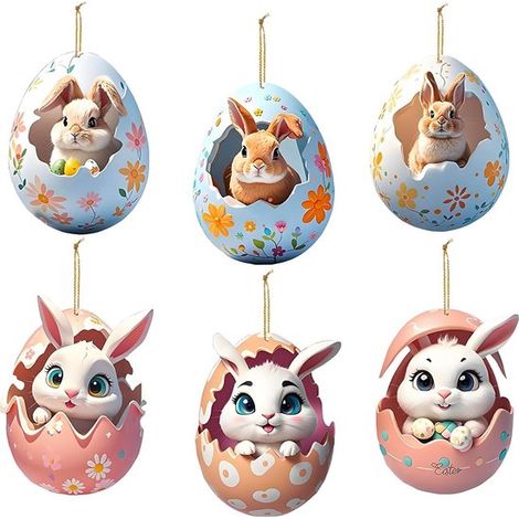 Décoration de Pâques - 6 pièces - Décoration de Pâques - Suspensions de Pâques - Suspensions en forme de branches de Pâques - Lapin joyeux - Décoration de Pâques - Suspensions de Pâques en bois (1/5)