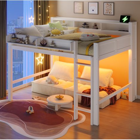 Cama alta dormitorio con escritorio LED y armario blanca OKMYHOME (1/5)