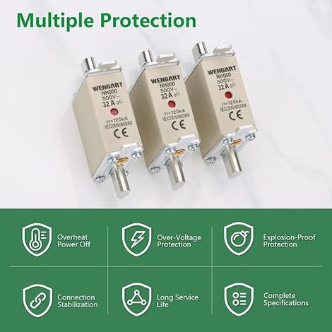 Lot de Fusibles à Couteau NH000 (NT000) - 32A Type gG - AC 500V 120kA - Cartouche Fusible Industrielle pour Protection de Distribution Basse Tension et Photovoltaïque (1/3)