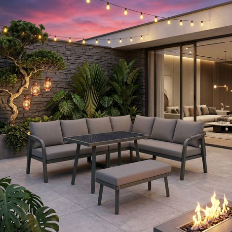 FENCHILIN Ensemble de salle à manger de jardin, ensemble de mobilier de jardin, pouvant accueillir jusqu'à 8 personnes, accoudoirs et dossiers tressés, comprenant un canapé d'angle, une table à manger (1/5)
