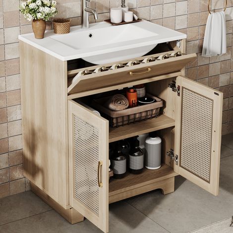 Meuble de salle de bain sur pied avec vasque en céramique 76 x 46 x 88 cm, naturel HAVRYA (1/5)