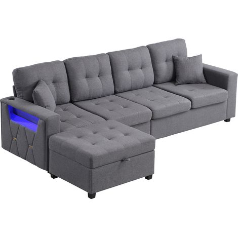 Sofá modular en L gris con puff de almacenaje, USB y Type-C, luces LED, 4 plazas (1/5)