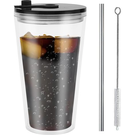 Gobelets à thé aux bulles, en plastique, 400 ml, avec couvercle et paille, gobelet réutilisable à double paroi pour café, jus de fruits, smoothie (1/5)